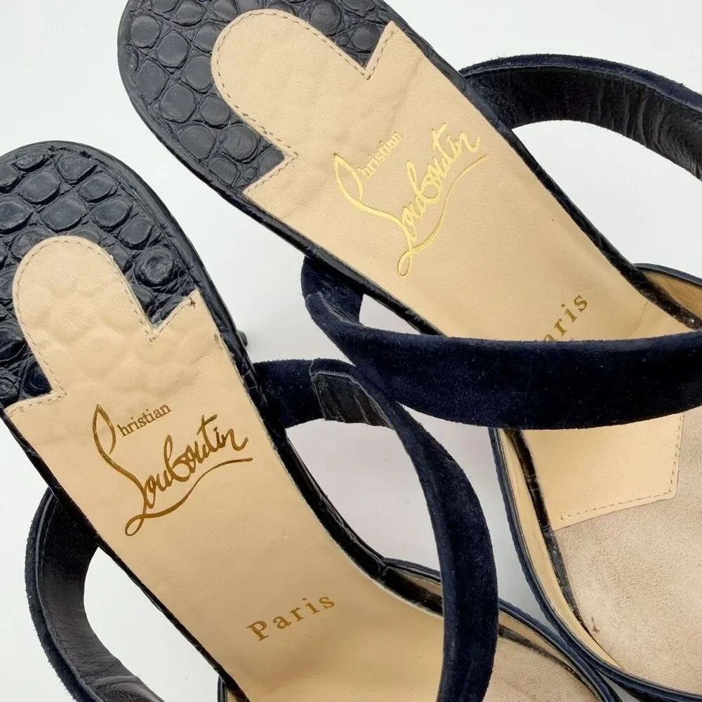 CHRISTIAN LOUBOUTIN Choc Lock Navy Blue Slide Size 37.5 US 7 Leather Heel Mule - Picture 9 of 13